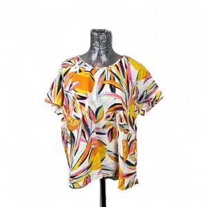 Linen Tropical Print Boxy Tunic Top M/L Oversized Vacation Beach Summer Resort